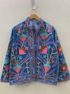 Chaqueta de Terciopelo con Bordado Suzani Indio Azul, Abrigo Boho Suzani, Chaqueta Unisex de Primavera - Product Image 3