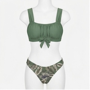 Green <b>Square</b> <b>Neck</b> Bikini Set With Ruched Bandeau Top And Tropical Leaf Print Hipster Bottoms - Product Image 1