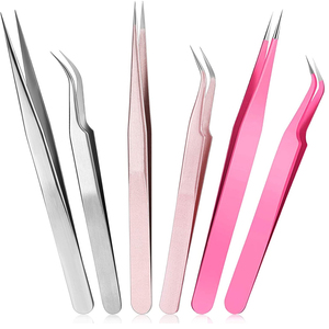 6 pinces à cils en acier inoxydable, pointe droite et courbée, pour extensions de cils, volume et beauté - Product Image 1