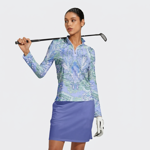 Polo de golf pour femme à manches longues avec imprimé paisley, tissu tricoté à séchage rapide, motif bleu, style décontracté - Product Image 4