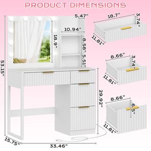 Coiffeuse en panneau de particules blanc avec finition mélaminée, 4 tiroirs, 2 étagères, 10 ampoules tricolores et multiprise intégrée - Product Image 4