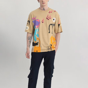 Camiseta de algodón extragrande color crema para hombre, cuello redondo, manga corta, estilo urbano con estampado. - Product Image 4