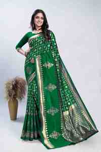 <b>Green</b> <b>Silk</b> Saree With Gold Embroidered Border Traditional Indian Pakistani Wedding Wear Regular Wear Saree For Women - Product Image 5