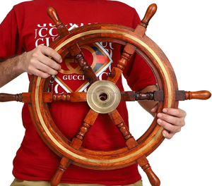 Roue de bateau en bois décorative nautique avec cadre, anneau en laiton, décoration murale marine pour salon, bureau - Product Image 3