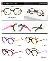 Montures optiques rondes en acétate avant-gardistes, verres contrastants vert et rose, lunettes de créateur pour boutique de mode