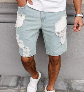 Shorts en jean déchiré bleu clair pour homme, style décontracté d'été, coupe droite ample, streetwear - Product Image 6