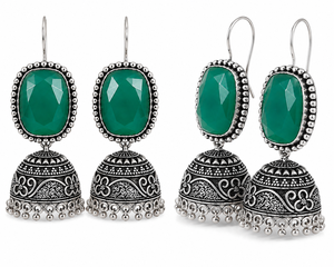 Pendientes colgantes Jhumka indios chapados en plata antigua con bisel de ónix verde oxidado, estilo bohemio, venta al por mayor para bodas - Product Image 2