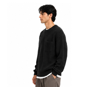 2026 Men's Black Ribbed Knitted 100% Cotton <b>Pullover</b> <b>Sweater</b> Regular Sleeve Front Pocket Winter Wear Quick Dry Breathable High - Product Image 4