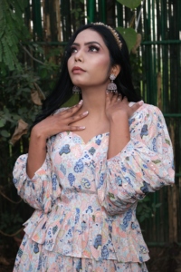 Bohemian Floral Print Crepe Floor-Length Peplum <b>Dress</b> With <b>Ruffles</b> Empire Waistline Sweetheart Neck Casual Style For Adult - Product Image 4