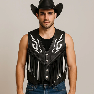 Chaleco de Cuero Genuino para Hombre, Estilo Motero con Flecos, Cuello en V, Cierre de Botón, Prenda Exterior para Otoño - Product Image 1
