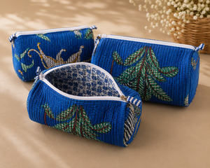 Blue Quilted Cosmetic Bag Set: Zebra, Leopard, Palm Prints, Multi-Sized Zipper Pouches for <b>Makeup</b>, Travel, and Toiletries - Product Image 6