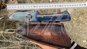 Cuchillo OEM de caza y supervivencia de hoja fija de acero de Damasco Wirecut con gancho para deshuesar, mango de resina de piña y funda de cuero, para camping, actividades al aire libre y EDC - Product Image 6