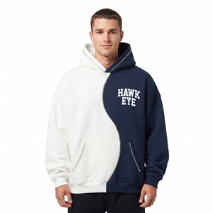 Sudadera con Capucha Bicolor para Hombre, Bloques de Color, Algodón y Forro Polar, Oversize, Casual, Blanco y Granate, Ajuste Relajado, Hombros Caídos - Product Image 5