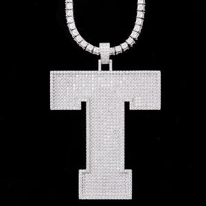 T Letter Pendant With Crystal Rhinestones Micro Pave Hiphop Charm <b>Necklace</b> For Men <b>Silver</b> Plated Alloy - Product Image 1