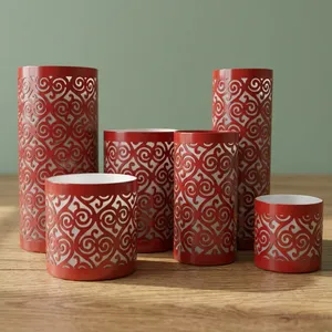 <b>Red</b> Cylinder Metal <b>Candle</b> Holders With White Scroll Cutout Design For Home Decoration - Product Image 6