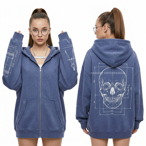 Sudadera con capucha azul de 500GSM con cremallera para mujer, con estampado gráfico de calavera y planos arquitectónicos, estilo streetwear, venta al por mayor - Product Image 1