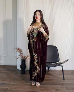 Elegant Women's Floor Length Abaya With Floral Embroidery V Neck Long Sleeve Silk Middle East Wedding Dress - Product Image 4