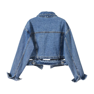 Custom Women's <b>Cropped</b> <b>Denim</b> <b>Jacket</b> Women's Blue Short <b>Denim</b> <b>Jacket</b> Black Lapel Long Sleeve Casual Autumn Winter Button Washed - Product Image 2
