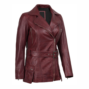 Top Trendy Burgundy Genuine Leather Moto <b>Jacket</b> Women Full Sleeve Spread Collar Zipper Closure Belted Design Autumn Wear - Product Image 2