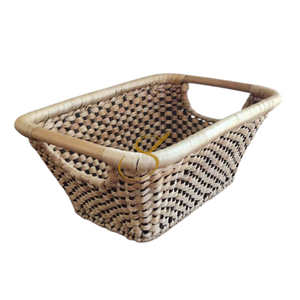Vintage Asian Tapered <b>Rectangular</b> Water Hyacinth and Rattan Hand Woven Strorage <b>Basket</b> - Product Image 1