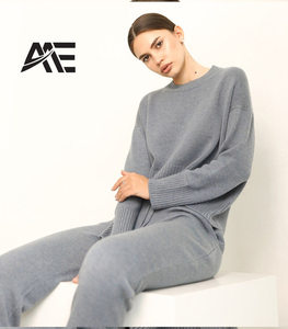 Vente en gros de pulls décontractés en tricot gris surdimensionnés pour femmes, personnalisables, avec pantalon à cordon de serrage, fabricant - Product Image 3