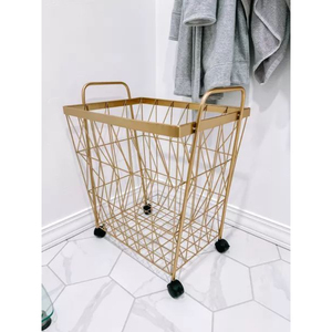 Factory Direct Gold Metal Laundry <b>Basket</b> With Wheels Luxury Rolling Wire Mesh Laundry Hamper For <b>Bathroom</b> & Bedroom Storage - Product Image 3