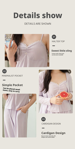 Pyjama en coton viscose hautement élastique pour femmes, doux pour la peau, respirant, ensemble de vêtements de nuit 3 pièces, tricot côtelé, pyjama avec coussinets de poitrine - Product Image 2