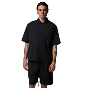 Men Nylon Drawcord <b>Shirt</b> <b>Short</b> <b>Sleeve</b> Lightweight Casual Utility Top Solid Black Relaxed Fit OEM Wholesale Supply - Product Image 4