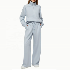 Femmes décontracté couleur unie demi-fermeture éclair haut et pantalon ensemble à manches longues coupe ample à capuche 100% coton éponge écologique - Product Image 1