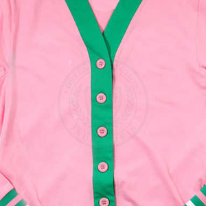 Cardigan en tricot contrastant rose et vert Sorority Alpha K Alpha, col en V, broderie de lettres grecques, pour femmes, 100% coton, vêtements d'hiver - Product Image 6