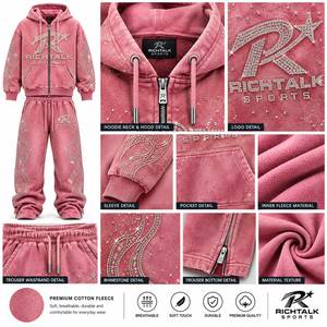 Unisex <b>Pink</b> Hooded Acid Wash <b>Tracksuit</b> <b>Set</b> Full Sleeve Rhinestone Logo Streetwear Drawstring Pants Regular Fit Winter Wear - Product Image 6