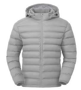 Men's Winter Puffer Jacket with Hood Solid <b>Pattern</b> Front Logo Zipper Closure - Product Image 4