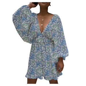 Vestidos Personalizados para Mujer, Elegantes, Retro, Cuello en V, Midi, Casuales de Verano, Estampado a Mano, Cuello en V Profundo, Estilo Linterna - Product Image 1