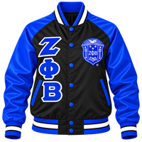 Blouson Bomber Noir Zeta Phi Beta pour Femme avec Doublure Imprimée, Manches en Satin Bleu Royal, Patch Écusson Chenille Lettres Grecques, Fermeture à Boutons-Pression
