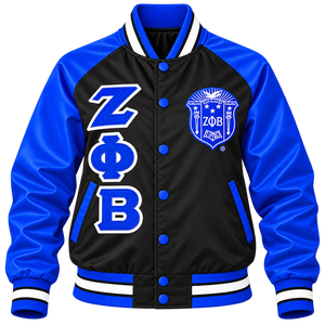 เสื้อแจ็คเก็ตบอมเบอร์สีดำ Zeta Phi Beta สำหรับผู้หญิง ซับในพิมพ์ลาย แขนเสื้อผ้าซาตินสีน้ำเงินรอยัล ปักอักษรกรีกแบบเชนิลล์  ติดตราสัญลักษณ์  ติดกระดุมแป๊ก - Product Image 1