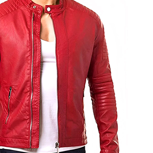 Veste de moto en cuir d'agneau véritable rouge pour homme de qualité supérieure, col montant, fermeture éclair, style motard, coupe-vent - Product Image 2