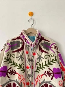 Bata de mujer con cuello en V, 100% algodón, reversible, con bordado floral azul, tipo kimono largo, con cinturón, para estar en casa, hecha a mano - Product Image 5