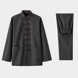 TESSUTO Uniforme d'arts martiaux gris anthracite avec passepoil rouge bordeaux, style Tang, boutons grenouille, col mandarin, ensemble en polyester et coton - Product Image 1