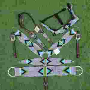 Ensemble de têtière en mohair gris, vert, violet et bleu ciel avec cuir argentin, tour de tête de 32 pouces - Product Image 1