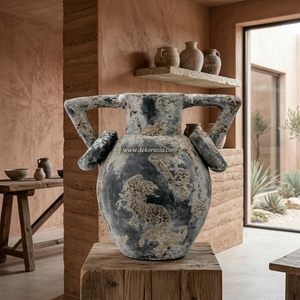 Apuntar Rustic Distressed Charcoal Grey <b>Ceramic</b> Amphora <b>Vase</b> Handcrafted Earthenware Ring Handle Jar Decorative Tabletop <b>Vase</b> - Product Image 4