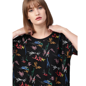 T-shirt décontracté noir à imprimé lettres pour femme, manches courtes, col rond, coupe ample, en polyester tricoté, pour toutes les saisons - Product Image 1