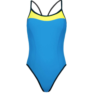 Traje de Baño de Una Pieza para Mujer, Tirantes Finos, Azul y Amarillo, Secado Rápido, UPF50+, Color Sólido, Traje de Baño Competitivo, OEM Personalizado, con Lazos - Product Image 1