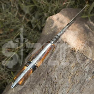 Couteau de chasse OEM Wirecut en acier Damas, couteau à dépecer, manche en bois de cerf, lame fixe, couteau de camping et d'extérieur EDC avec étui en cuir - Product Image 2