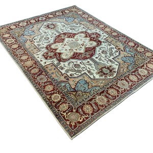 Tapis persan traditionnel tufté à la main, motif médaillon Heriz, rouge terre cuite, crème, bleu ciel, à poils ras, tapis oriental vintage - Product Image 2