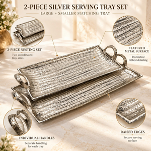 Ensemble de plateaux de service texturés en argent, en acier inoxydable, rectangulaires |   Ensemble de matériel de service pour buffet d'hôtel avec poignées martelées - Product Image 5