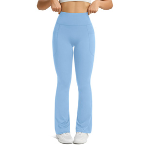 Custom High Waist Full Length Flared Leg Yoga <b>Leggings</b> With <b>Pockets</b> Solid Blue Seamless Stretch For Women - Product Image 3