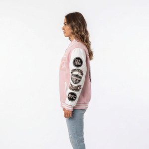 Chaqueta Varsity para Mujer con Mangas de Cuero, Parches Bordados, Cuello Redondo, Chaqueta de Béisbol con Bordado Frontal, Chaqueta Varsity de Lana - Product Image 4