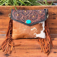 Sacs à bandoulière en cuir de vachette à franges en cuir usiné à la main de tournesol pour les cheveux occidentaux des femmes sur et sac à main en pierre Turquoise en cuir véritable