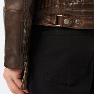 Chaqueta de Motociclista de Cuero Suave Vintage para Hombre, Chaqueta Clásica de Motociclista, Prenda Exterior Duradera con Bolsillos con Cremallera y Detalles Acanalados - Product Image 6