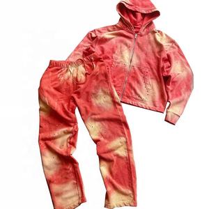 Conjunto de sudadera con capucha y pantalones de chándal con bordado desgastado de diamantes de imitación de peso pesado Vintage Sun Faded Acid Wash Chándales para hombres - Product Image 1